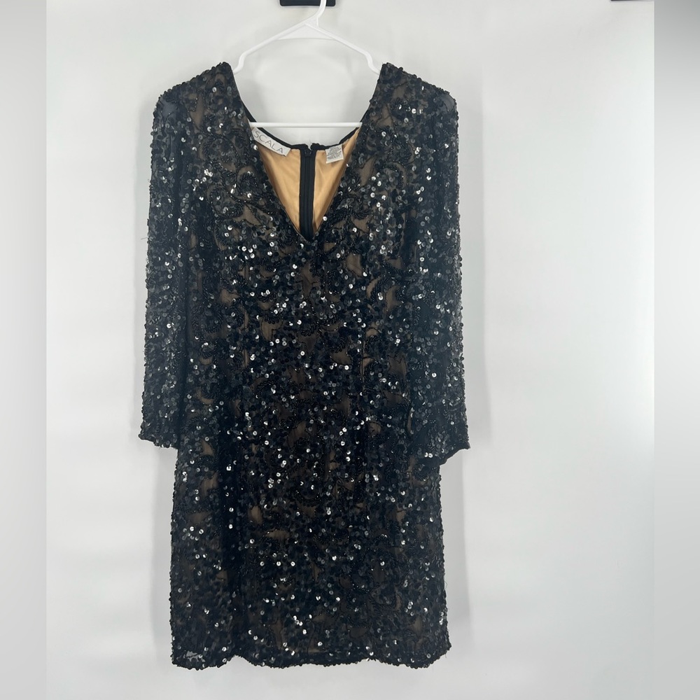 Scala beaded sequined long sleeve black dress size 10